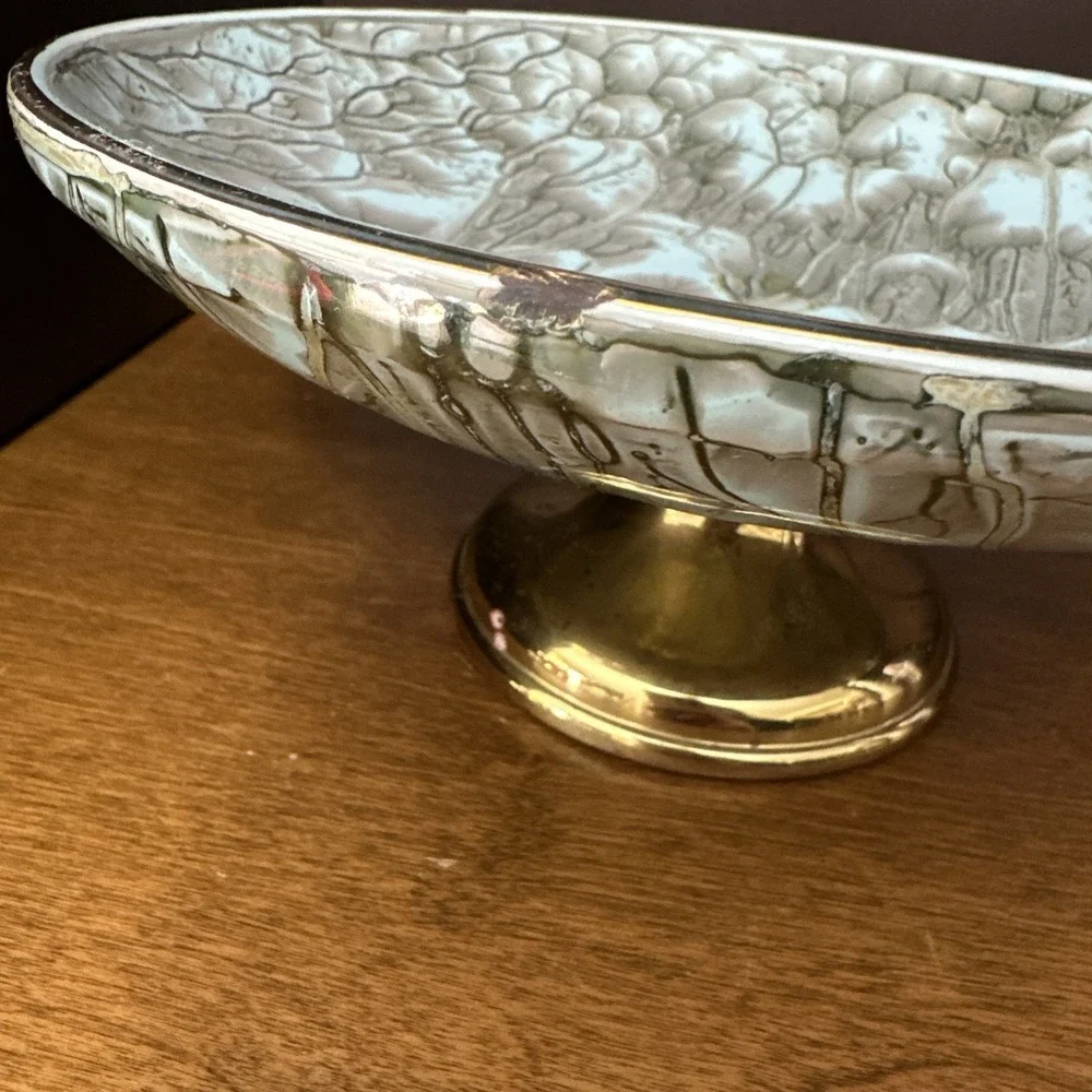 Delft Holland Pedestal Bowl Gold Trim Sea Green Hand Painted Dish MCM Vintage
